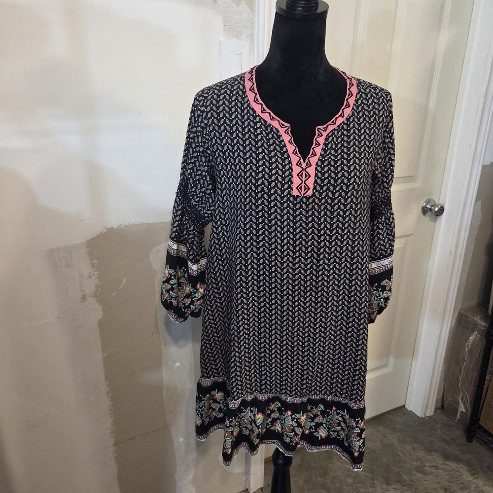 Umgee Boho Black Printed Dress Pink Trim Colorblock V Neck Embroidered Sleeves